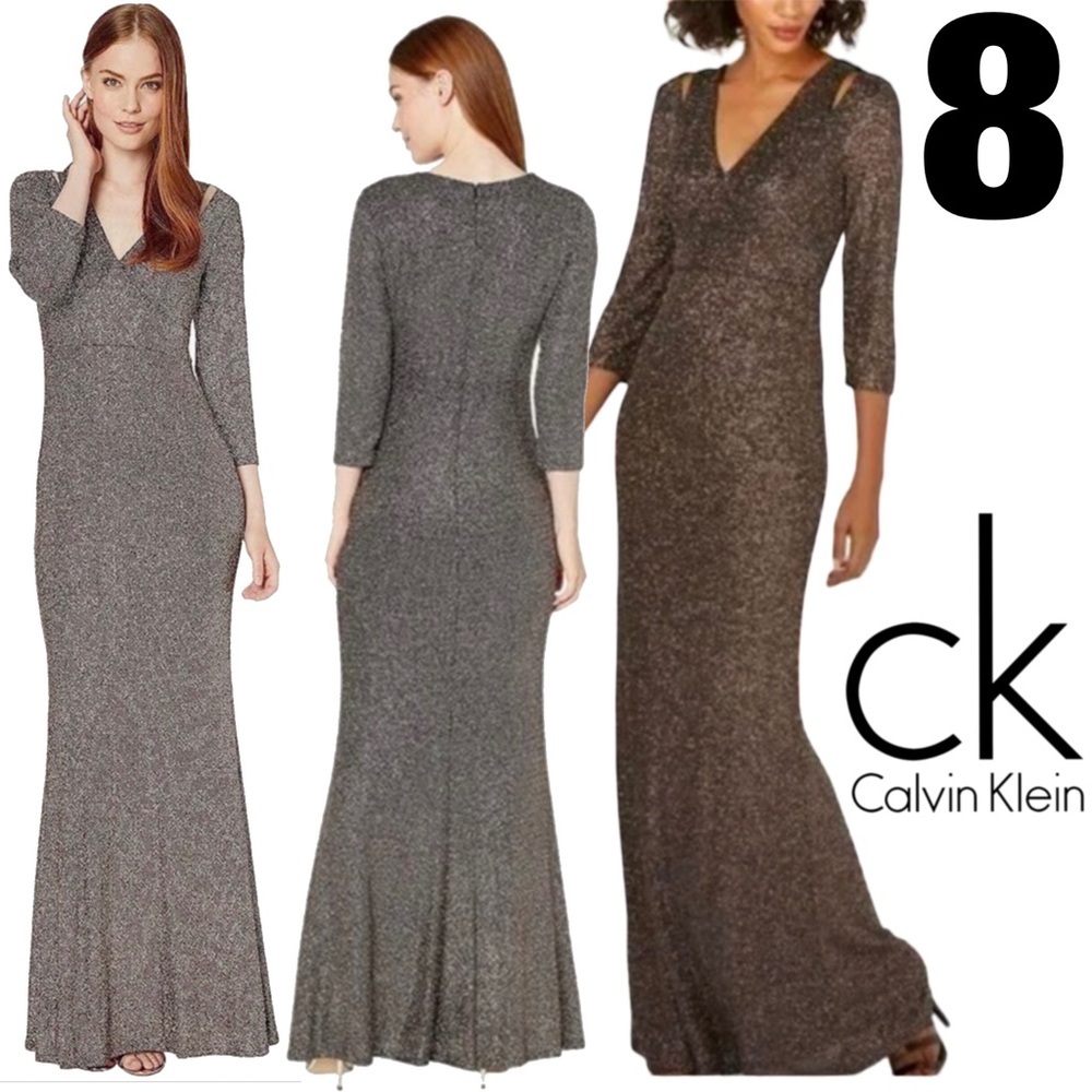 NWOT Calvin Klein Cut Out Sparkle Shimmer Evening Gown Quarter Sleeve Dress 8